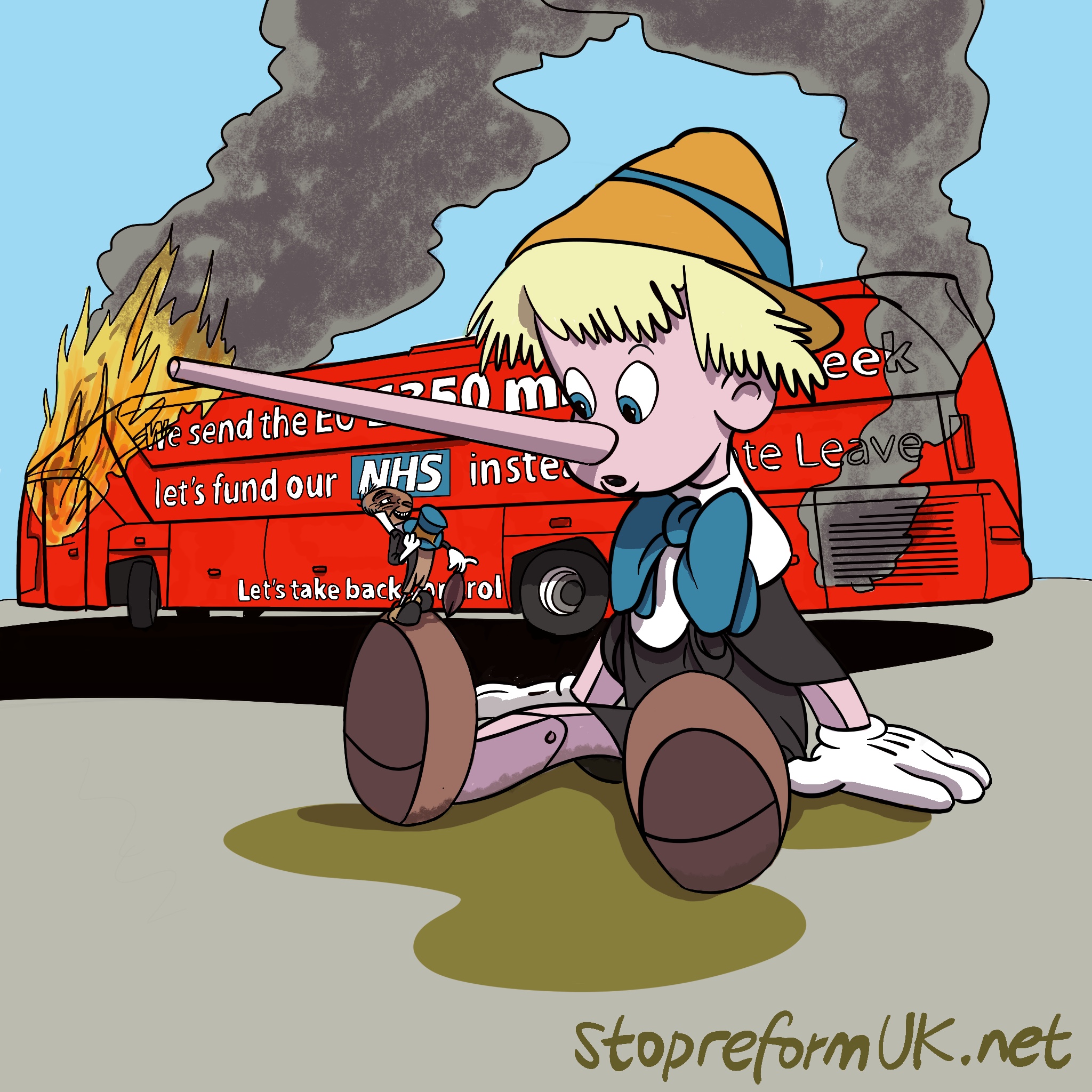 Boris Johnson as an incontinent Pinocchio looks at Nigel Farage as an evil Jiminy Cricket while the Brexit Bus burns in the background